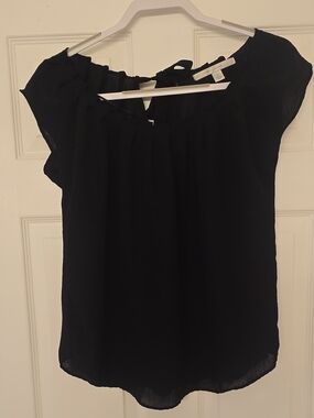 LC Lauren Conrad Polka Dot Flocking Blouse Black Bow Tie Round Neck Cap Sleeve S